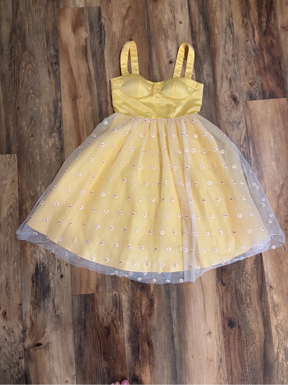 SHEIN Yellow Daisy-Embroidered Tulle Midi Dress